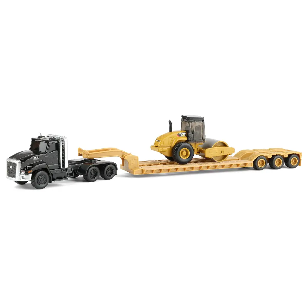 [MAQA-187-CAT-007] 1:87 Camion Kenworth T880 negro cama baja con rodillo compactador Caterpillar